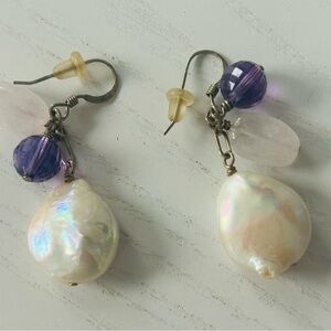 Freshwater White Iridescent Pearl with Amethyst & Pink Quartz Drop Earrings